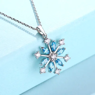 925 Silver Snowflake Pendant Necklace Marquise Light Blue Clear CZ Charm Necklace Winter Holiday Fashion Jewelry Gift for Women