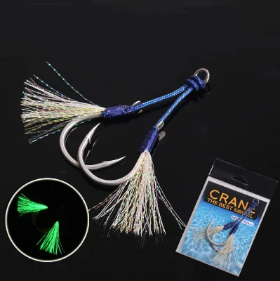 Luminous Assist Hook Split Ring JigLure Jigging Fishjig Double Pair Barbed Assist Hooks Pesca Peche Feather Fishing Jig