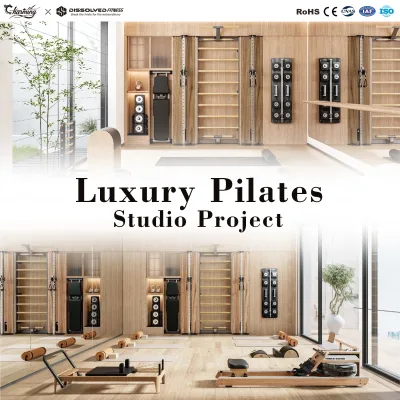 Wooden Pilates Reformer Set for Rehabilitation Physiotherapy Wellness Studio Luxury Solid Wood Gym Project Solution Turnkey