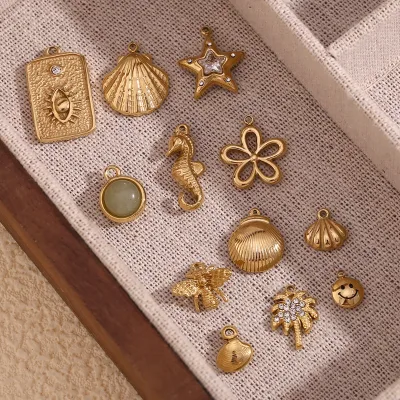 Fashion Pendants 14K Gold Plated Stainless Steel Zircon Bee Bow Eye Metal Flower Heart Starfish Horse Sea Shell Animals Charms