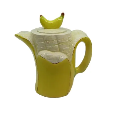 Hand Painted GINGHAM & FRUIT PATTERN TEAPOT -APPLE, GRAPE, LIME, LEMON & BANANA - CERAMIC