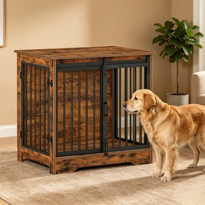 Modern Home Decor Stylish Wooden Dog Kennel End Table with Double Sliding Doors Secure Locks Eco-Friendly for Small Medium Dogs