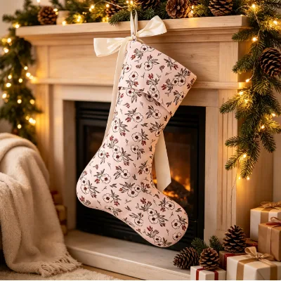 Pink Floral Eco-Friendly Merry Christmas Stocking Vintage Flower Print Satin Bow Fireplace Mantel Home Holiday Decoration
