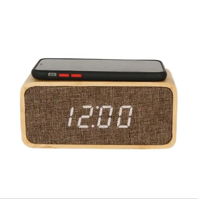 Red LED Light Table Alarm Clock MDF with Wireless Charger Luxury Electronic for Office and Living Room