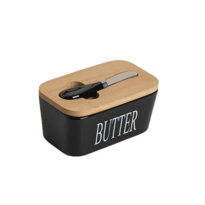 Black Ceramic Butter Dish with Wood Lid and Butter Knife Perfect for Keeping Butter Fresh and Adding Elegance to Your Table