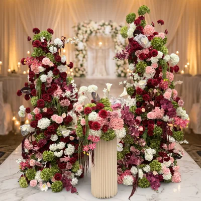 2027 New Trend High Quality Tall Wedding Flower Arrangement Artificial Purple Orchid Green Hydrangea Burgundy Flower Arch