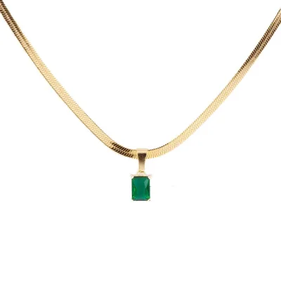 Fashion Niche Design Minimalist Light Luxury Inlaid Emerald Zircon Pendant Snake Bone Titanium Steel Necklace