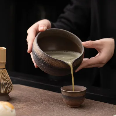 Premium Gifts Matcha Kit Set, Iron Glazed Bowl with Pouring Spout and Stand, Bamboo Whisk, Holder and Scoop Matcha Tools Set