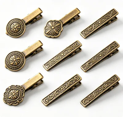 Vintage Floral Engraved Brass & Stainless Steel Tie Clip Cuff Link Set Men's Formal Wedding/Engagement/Anniversary/Party Gift