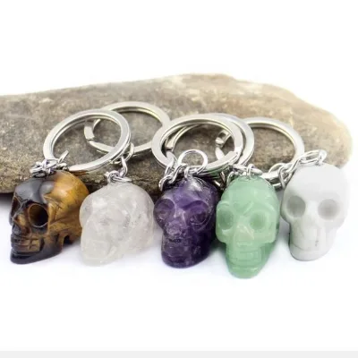 Wholesale Natural Gemstone Key Ring Crystal Skulls Keychain with Engraved Carving Technique