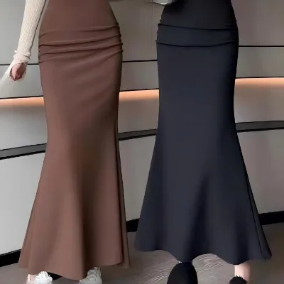 2026 Spring/Autumn New Korean Style Fashionable Versatile Bodycon Dress High Waist Slimming Solid Color Mermaid Skirt