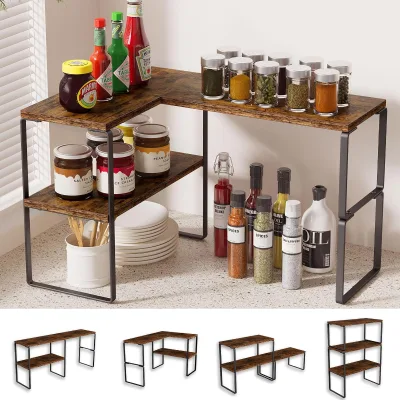 Adjustable Bamboo Kitchen Countertop Corner Shelf 3 Tier Spice Rack Organizer Multipurpose Desktop Wood Storage Stand for Pantry