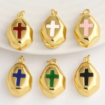 ASJEWELRY Colorful Enamel Cross Irregular Nugget Necklace Pendant Copper Gold Plated Catholic Jewelry Making Supplies pdtb107