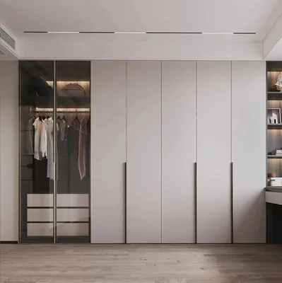 Modern Full Wall Fitted Wardrobe Light Gray Floor to Ceiling Bedroom Closet Glass Door Open Shelf Built-in Desk