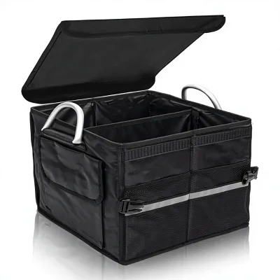 Tongketec Small Trunk Organizer Lid SUV Car Truck Black 28L Foldable Waterproof Oxford Fabric 2-Compartments Aluminium Alloy
