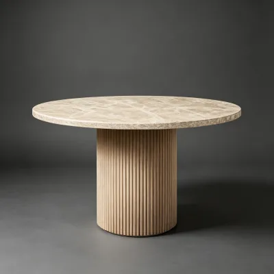 Modern Round Marble Top Dining Table Set Boucle Upholstered Dining Chairs Solid Oak Base and Legs for Home Dining Room