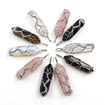Multicolor Pendant Charms Wrap Nature Stone Life Tree Amethyst Pendant Necklace