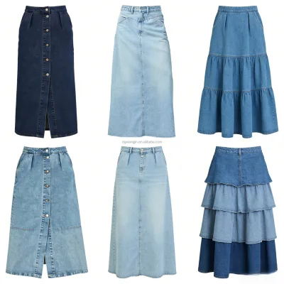 Sleek Vintage Denim Midi Dress with Dark & Light Wash Side Slit Button Detail Tiered Ruffles Flowing Ombre Color Block