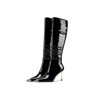 Black Square-toe High-heeled Women's Genuine Leather Pointed-toe Knight High Boots with Thin Heel for Women Mid-Calf Boots
