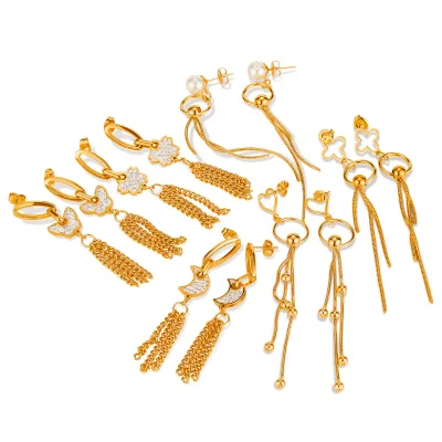 Korean Butterfly Heart Moon Pearl Long Tassels Earrings for Women Non Tarnish Waterproof 18K Gold Plated Stainless Steel Jewelry