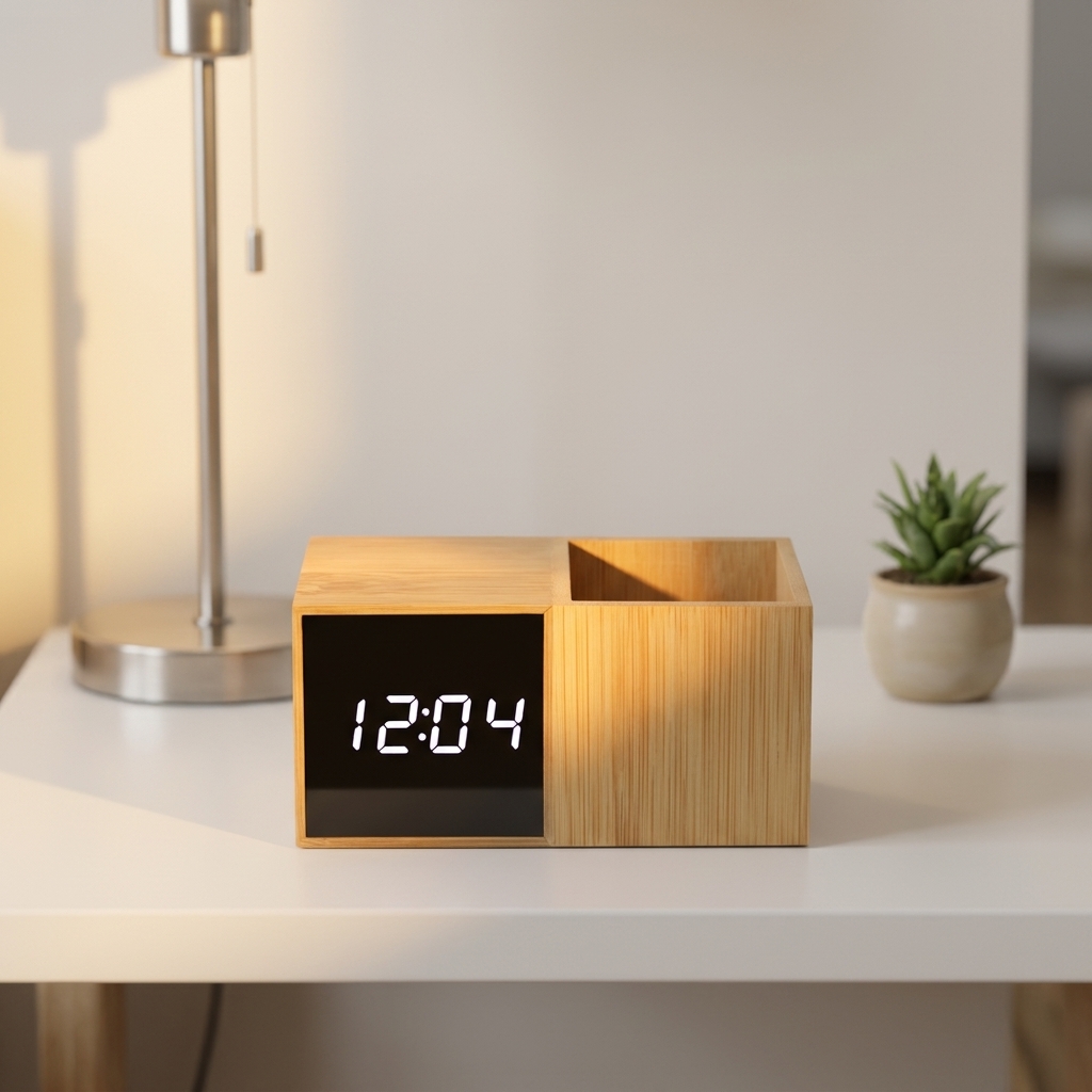 Cheapest Creative Bamboo Pen Holder Decoration Clock Voice Control Desk Clock Carousel Display Temperature Date
