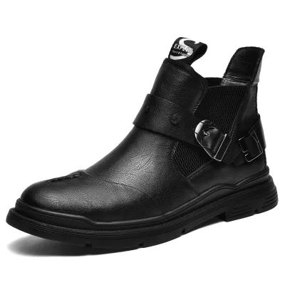 Mens Autumn Full-Grain Leather Mid-Calf Boots with Height-Increasing Non-Slip Shock-Absorbing Soles