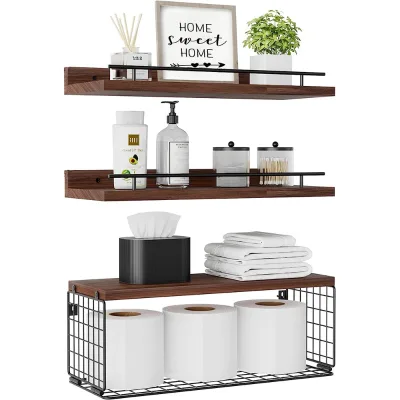 Wooden Floating LED Multifunction Bathroom Shelf with Metal Storage Rack for Kitchen Bedroom & Bathroom Storage