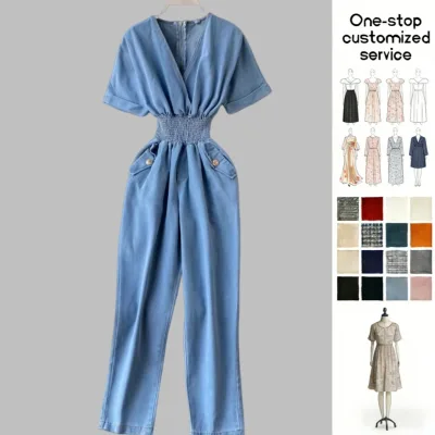 ODM OEM Custom 2025 New Design Summer High Waist Flare Sleeve V-Neck Loose Casual Solid Breathable Sustainable Party Jumpsuit