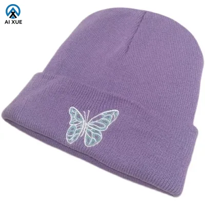 Factory Wholesale Autumn Winter Warm Casual Knitted Hat Custom Butterfly Embroidery Image Print Beanie