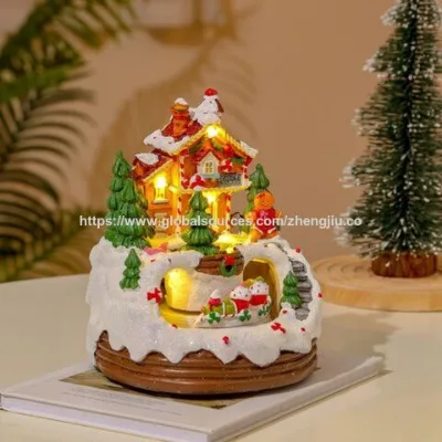 Resin Christmas Village Gingerbread House Collectible Buildings Music LED Light Train and Santa Claus Ornaments Rotating Music Box