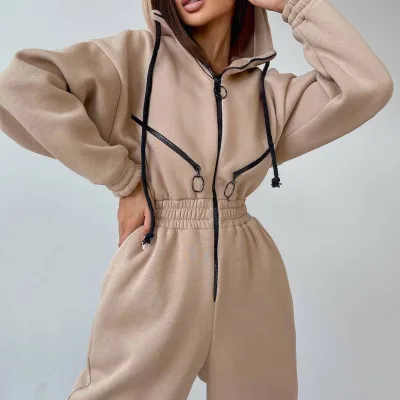 L230106 Custom Bodysuit New Arrival Plus Size Zip-Up Jumpsuits Playsuits Solid Color Fleece Jumpsuit Hoodie Sweatshirt for Women