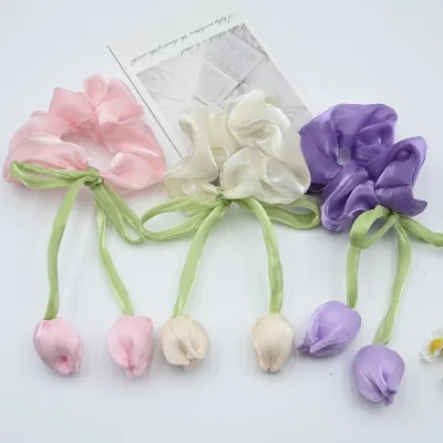 Women Trendy Floral Hair Tie Elastic Bowknot Tulip Hair Scrunchies for Decoration