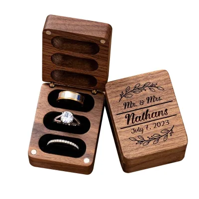 Triple Flip Wooden Ring Box Custom Engagement Wedding Rings Box Ring 3 Slots Wood Heirloom Jewelry Case Holder