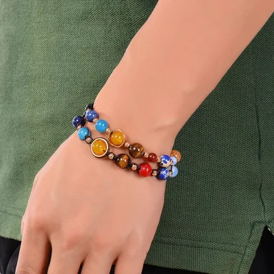 New Multicolor Handmade Trendy Natural Stone Adjustable Bead Weave Bracelet Universe Galaxy the Eight Planet Fashion Accessory