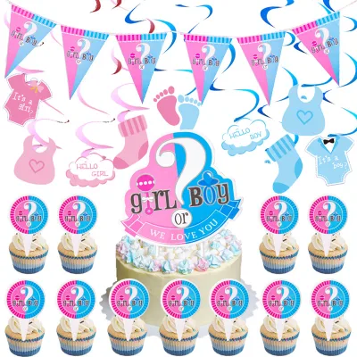 Hot Selling Gender Reveal Party Baby Shower Decoration Set with Pull Flag Hanging Cards Blue/Pink 22 Pcs Paper/Foil/Latex
