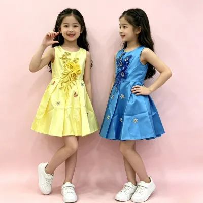 2.65 Dollars YCT127 Sleeveless Kids Satin Party Dress Floral Rhinestone Embroidery Girls Wedding Birthday Princess Formal Gown