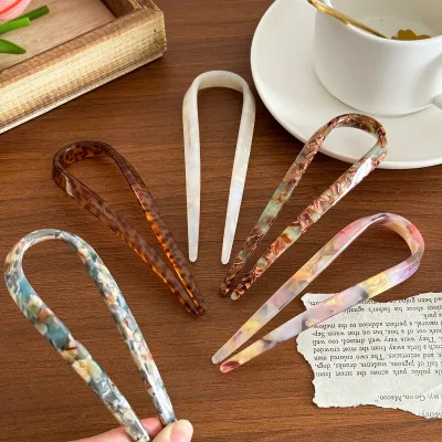 BIZE High Quality Elegant Women U-Shape Colorful Large Hair Fork Stick Acetate Hairpins Girls Versatile Daily Commuting