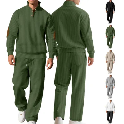 Men's Tracksuit Casual Long Pants With Stand-up Collar Versatile Jacquard Ribbed Knit Sweater Autumn Suit for Men
