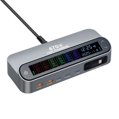 New Retractable Cable GaN PD Desktop Charger with Digital Display USB-C/USB-A Ports