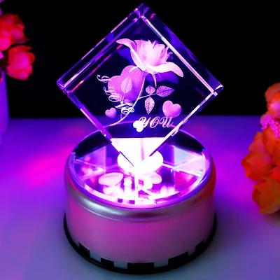Custom 3D Laser Engraved Crystal Rose Heart Ornament with LED Light Base, Romantic Gift for Valentine's Day Birthday Anniversary