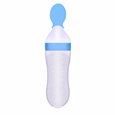 90ml Silicone Squeeze Feeder Bottle with Spoon Straight Body Four Colors