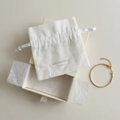 CH Recyclable Screen Printed Logo GOTS Thin White Cotton Bag for Jewelry Rings Transparent Small Organic Cotton Drawstring Pouch