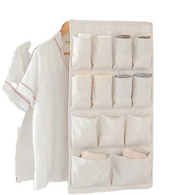 Multi-Pocket Cotton Linen Hanging Organizer Double-Sided Foldable Underwear Storage Bag Low Price Wardrobe Home Storage System