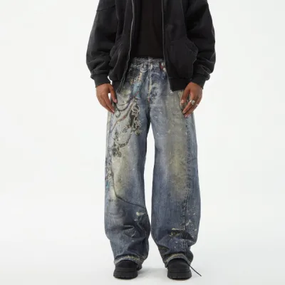 Retro High Street Style 3D Printed Chain Streetwear Jeans for Boys Old Junky Loose Straight Leg Stonewashed Vintage Autumn Pants