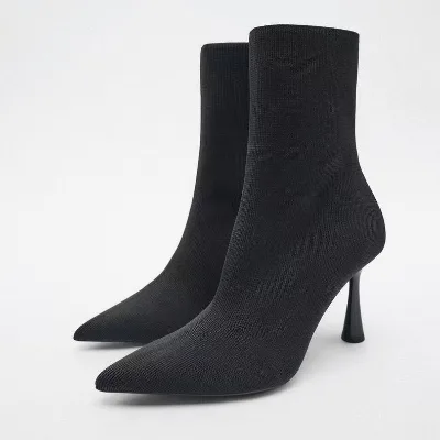 Womens Knit Boots in Black Knitted Fabric with Cotton Lining Rubber Outsole Pointed Toe High Heel for Daily Fashion Wear