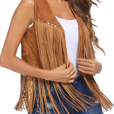 Faux Suede Ethnic Sleeveless Jacket Long Fringe Tassels 70s Hippie  Front Cardigan Vintage Cowgirl Women Performance Costume