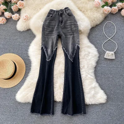 Women's Stylish Patchwork Raw Hem Flare Jeans Spring Summer New Tassel Stretch Thin Slimming Bootcut Pants