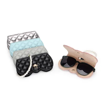 Glasses Case PU Leather Women Soft Fashion Sunglass Pocket Purse with Pearl Neck Strap Hanging