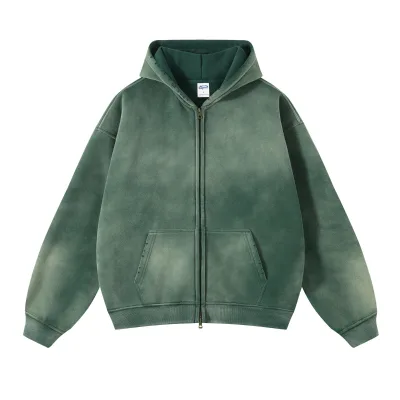 Autumn Winter Oversized 360g Fleece-Lined Zipper Hoodie 100% Cotton Anti-Shrink High Street's New Water Spray Dye Print Cozy