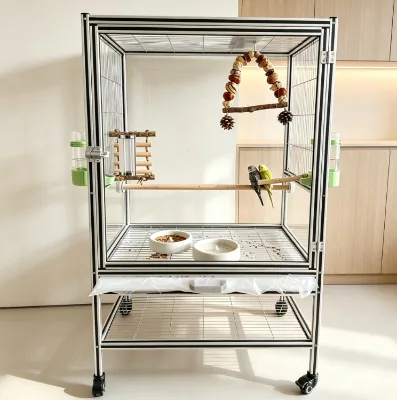 Aluminum Profile Bird Cage 304 Stainless Steel Wire Parrot Cage With Acrylic View Panel Rolling Base Stand for Pet Bird Breeding